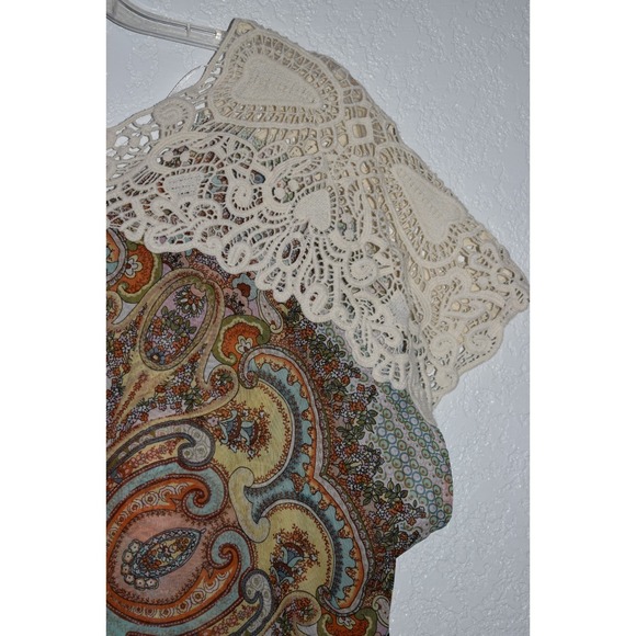 One World Sleeveless Top Large Crochet Shoulders High-Low Hem Sheer Boho Hippie - Picture 6 of 16